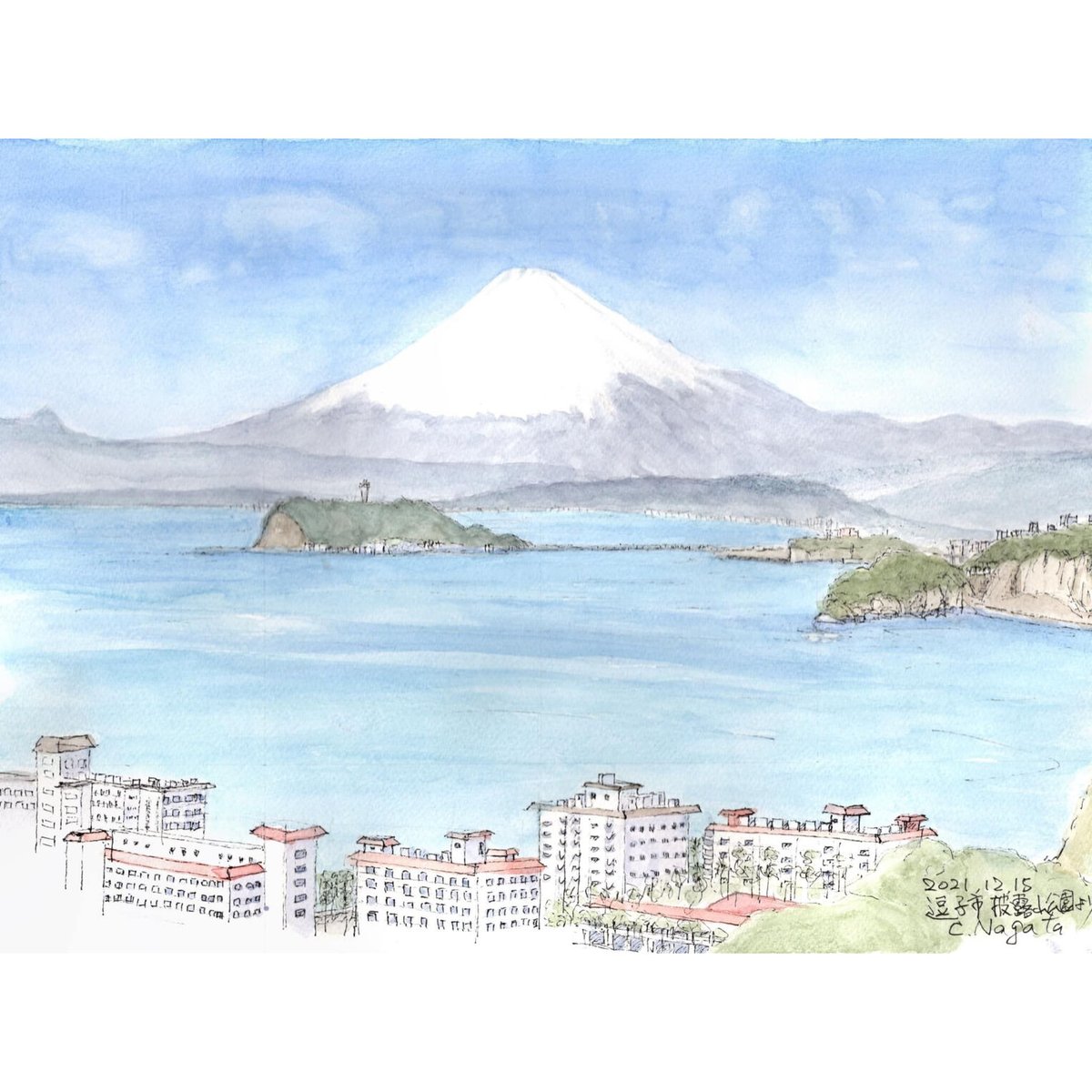 水彩画 冨士と湘南の海 | C.Nagata Gallery