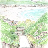 水彩画 (北鎌倉浄智寺)額縁付き 鎌倉 初冬の北鎌倉 浄智寺への参道にて: 街並みの風景スケッチ