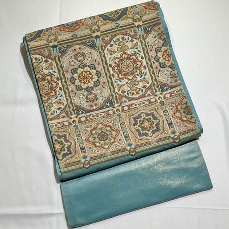 スワトウ刺繍 相良刺繍 袋帯 華紋 市松 着物 014w 肌寒く 