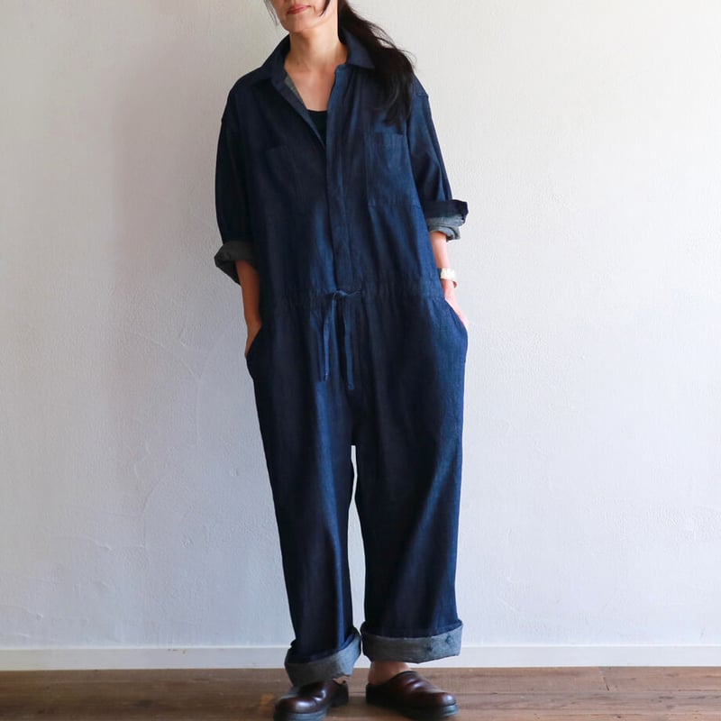8oz.ワークデニムルーズフィットストリングオールインワン／TOUJOURS