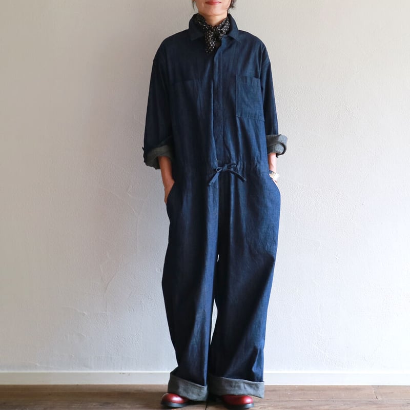 8oz.ワークデニムルーズフィットストリングオールインワン／TOUJOURS