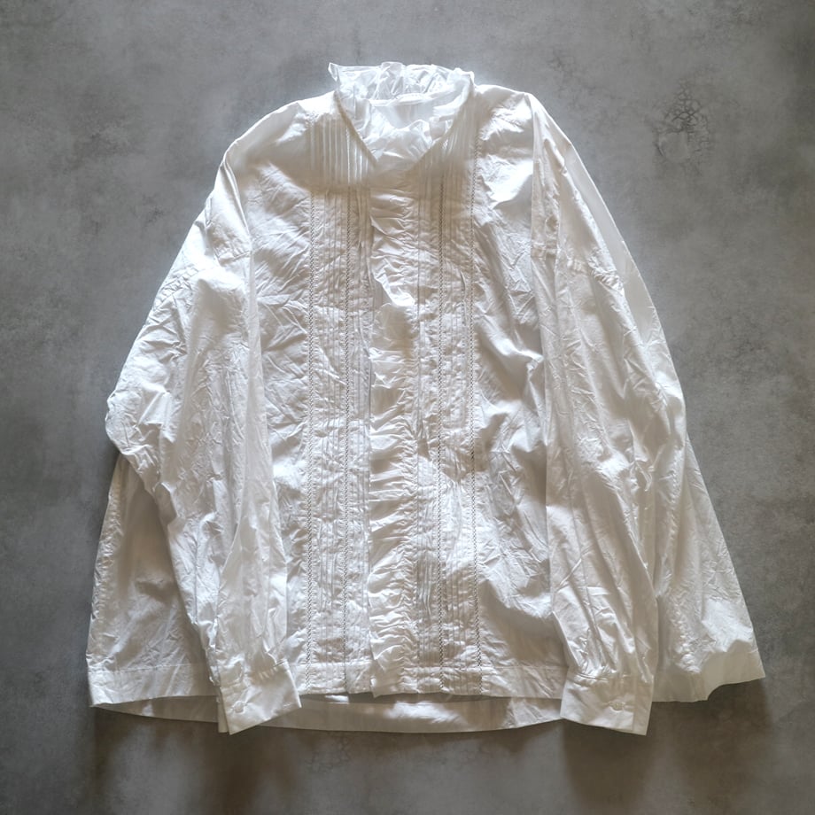 ファインヤーンコットンレースピンタックラッフルシャツ