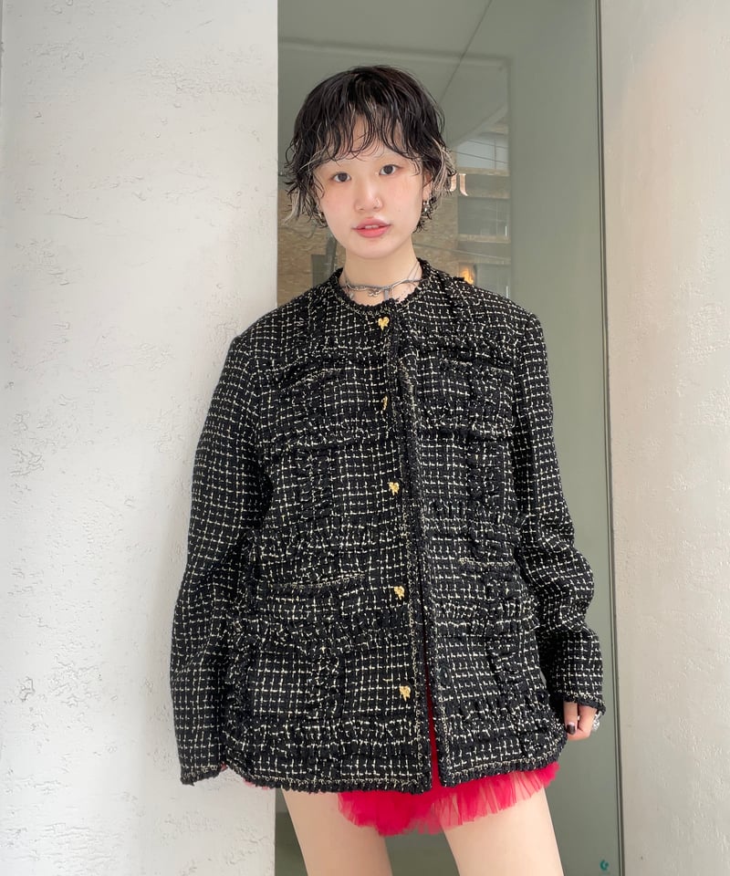VIVIANO / Ruffle Tweed Collarless Jacket | JURK