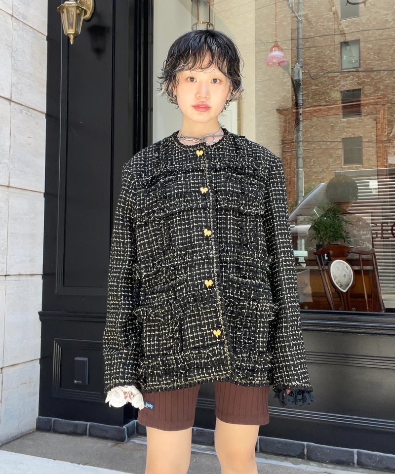 VIVIANO / Ruffle Tweed Collarless Jacket | JURK