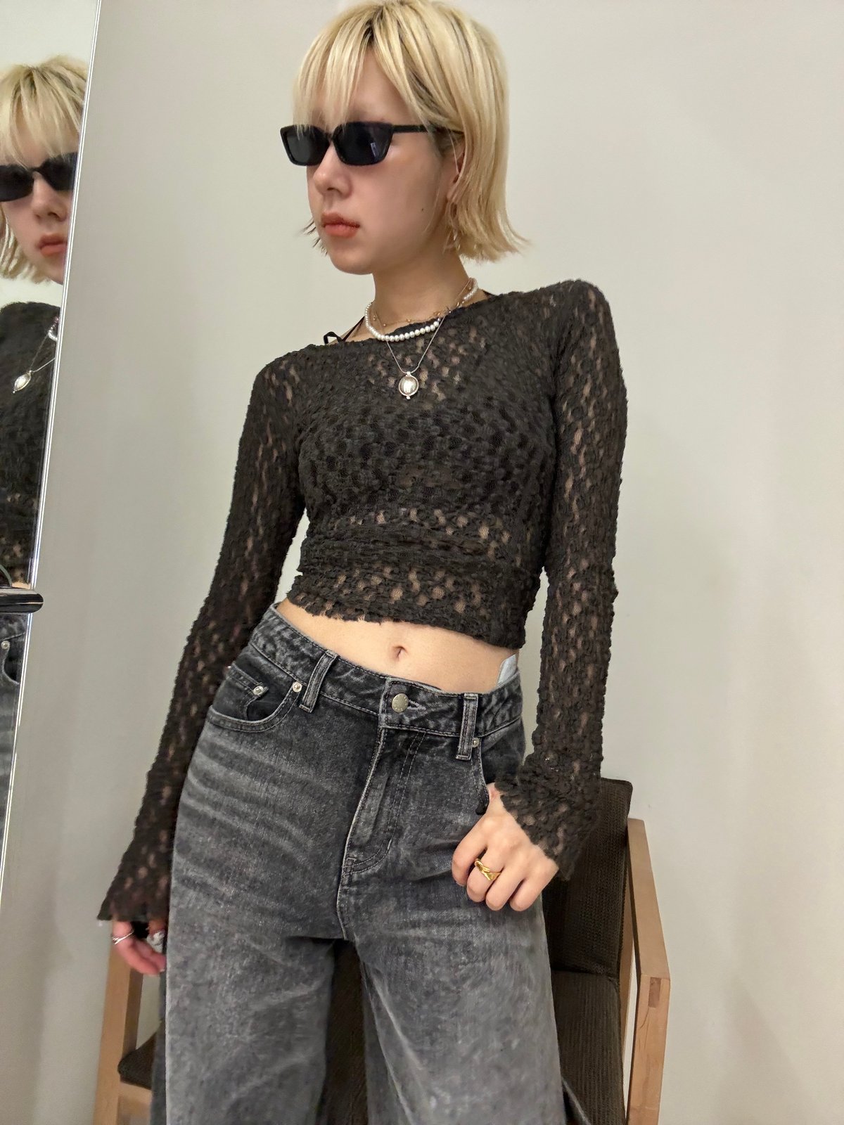 トップス Little Suzie LACE 2WAY TOPS / charcoal Little $uzie / Organic Shrink Lace 2way Top | J