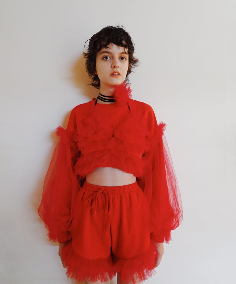 VIVIANO × JURK / Cropped Tulle Sweatshirt(red)