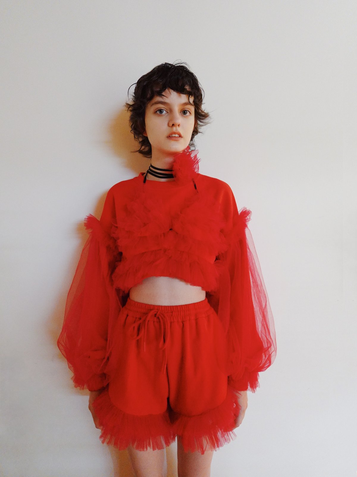 VIVIANO × JURK / Cropped Tulle Sweatshirt(red)