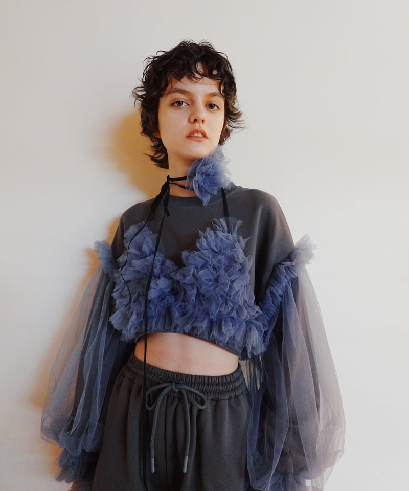 新品 VIVIANO Cropped Tulle Sweatshirt gray VIVIANO × JURK / Cropped Tulle Sweatshirt(gray)