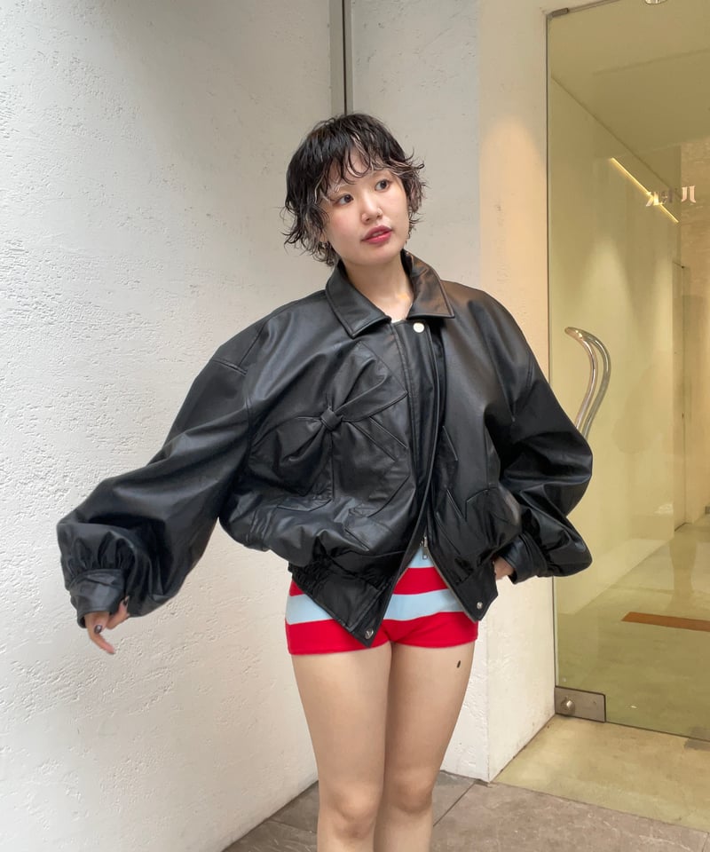 VIVIANO / Ribbon Detail Faux Leather Bomber Jac