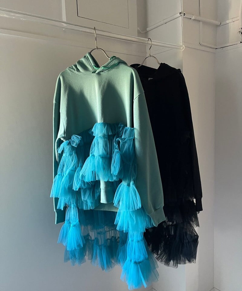 VIVIANO / Asymmetric Tulle Trimmed Hoodie | JUR VIVIANO / Asymmetric Tulle Trimmed Hoodie | JUR