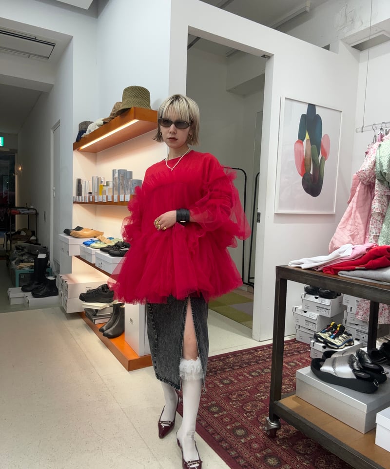ワンピース VIVIANO Asymmetric Tulle Sweat Shirt RED VIVIANO / Asymmetric Tulle Sweat Shirt / RED | ふぁいん