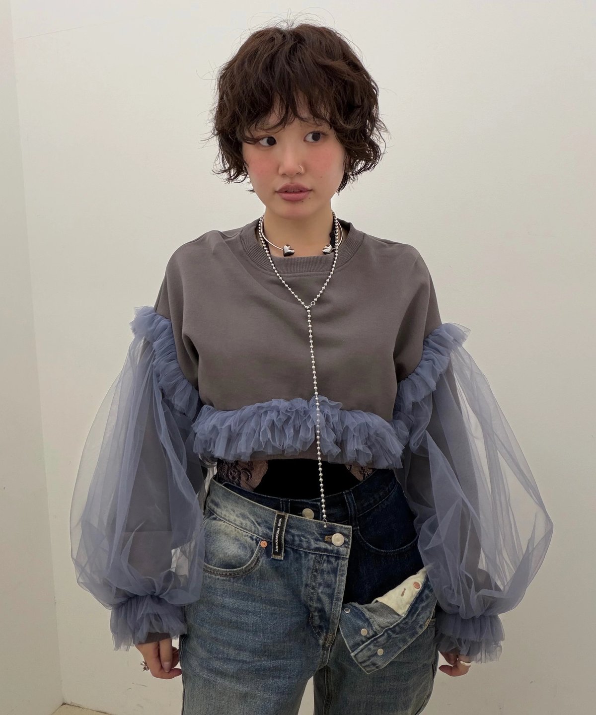 VIVIANO × JURK / Cropped Tulle Sweatshirt(gray)