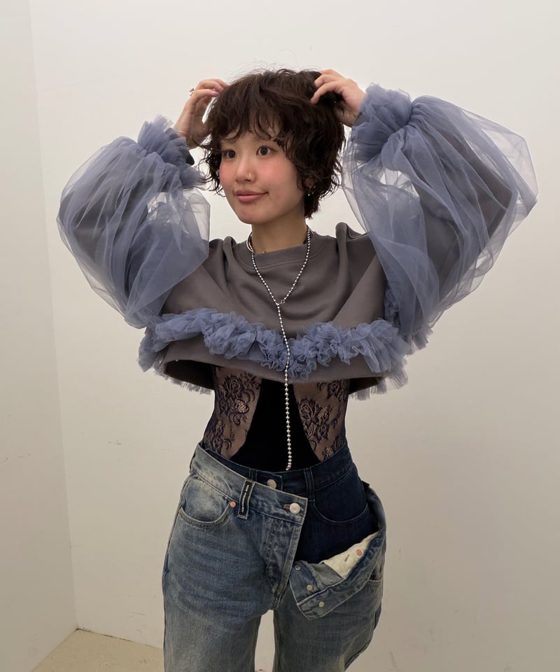 viviano チュール スウェット バイカラー VIVIANO × JURK / Cropped Tulle Sweatshirt(gray)
