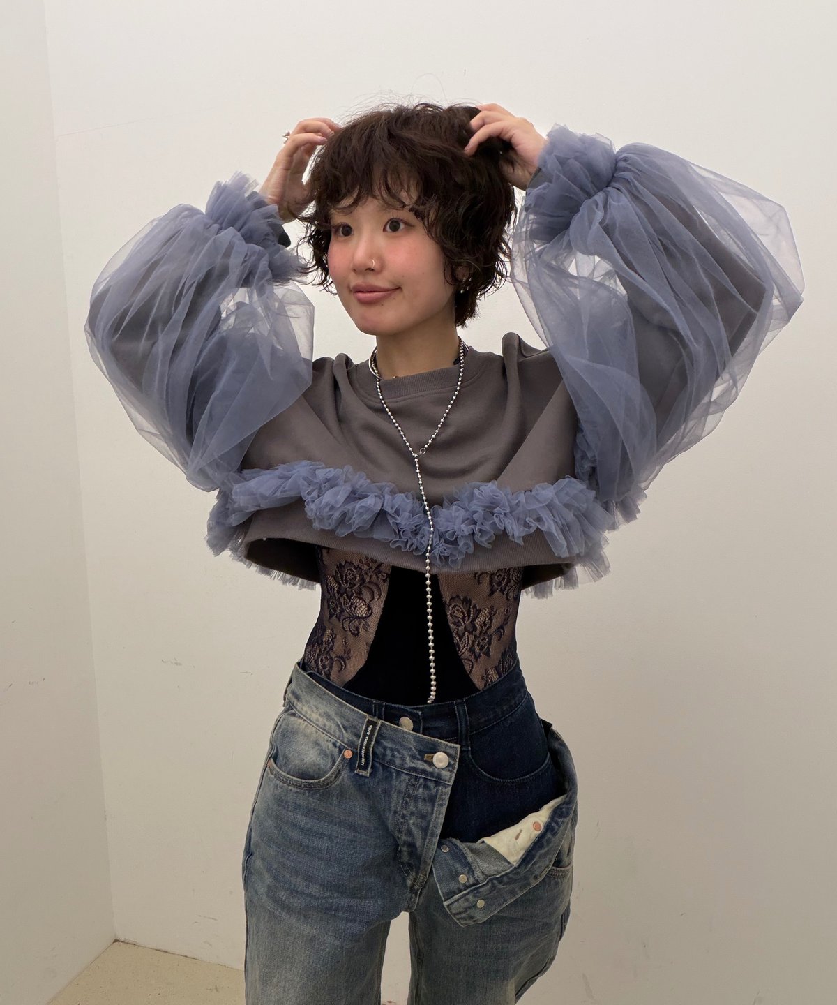 VIVIANO × JURK / Cropped Tulle Sweatshirt(gray)