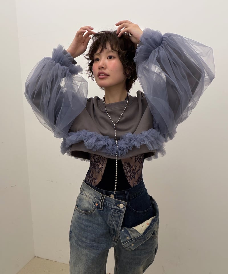 VIVIANO × JURK / Cropped Tulle Sweatshirt(gray)