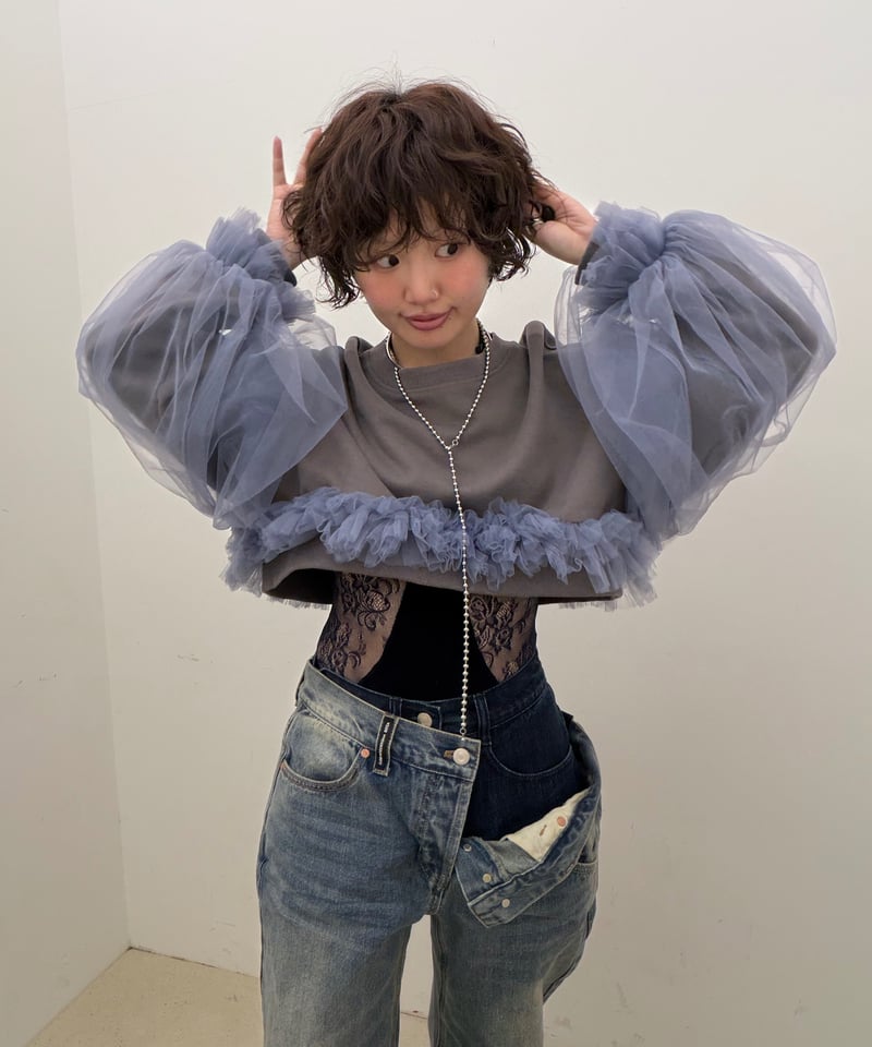 トップス jurk VIVIANO Cropped Tulle Sweatshirt VIVIANO × JURK / Cropped Tulle Sweatshirt(gray)