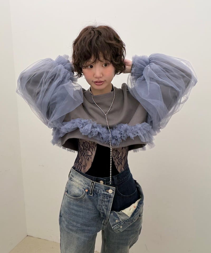 VIVIANO × JURK / Cropped Tulle Sweatshirt(gray)