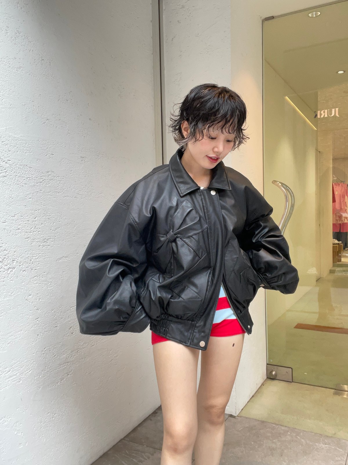 VIVIANO / Ribbon Detail Faux Leather Bomber Jac