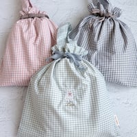 【お名前刺繍入り】巾着バッグ　限定生地　ギンガムチェック 体操服入れ　お着替え袋　オムツポーチ  日本製　made in Japan