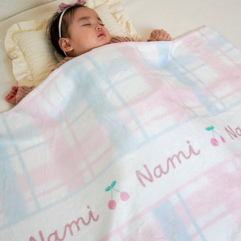 お名前入り】チェックモチーフ さくらんぼ ピンク×ブルー