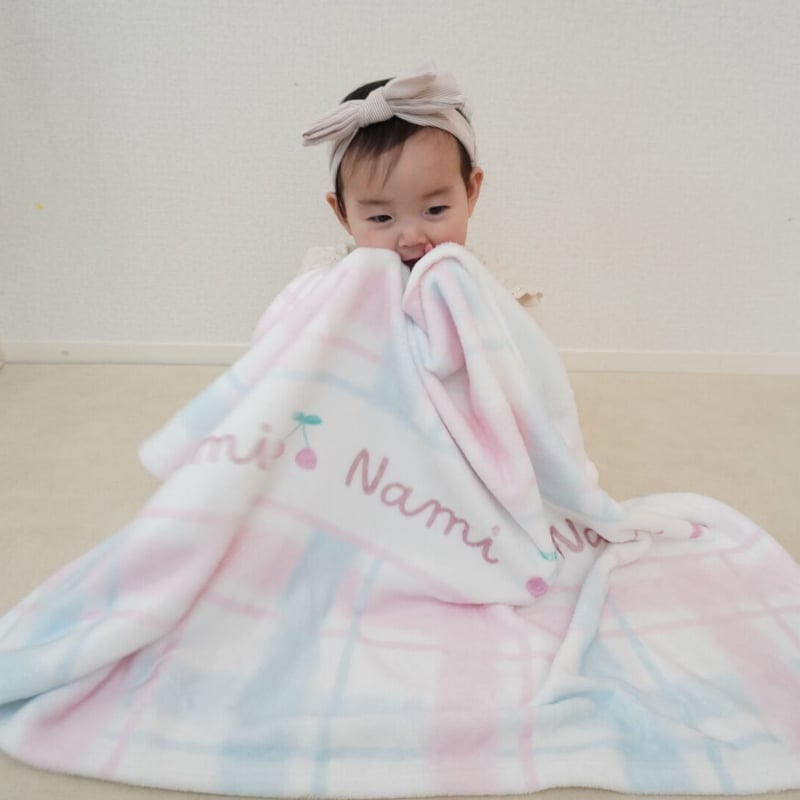 お名前入り】チェックモチーフ さくらんぼ ピンク×ブルー