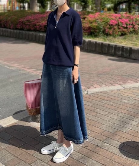 denim long flared skirt