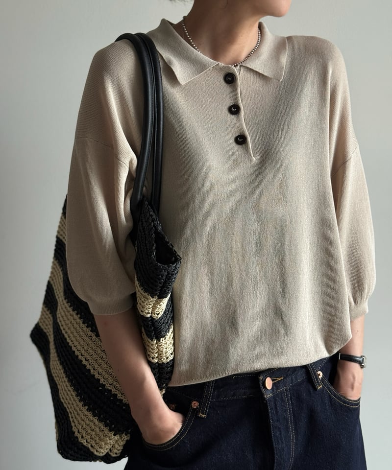 BATONER SUMMER KNIT POLO ベージュ 3 中古・古着通販】BATONER (バトナ―) SUMMER KNIT POLO S/S