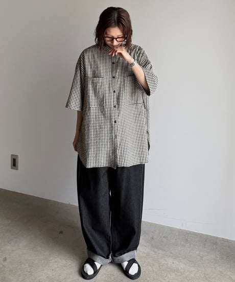band collar check shirt