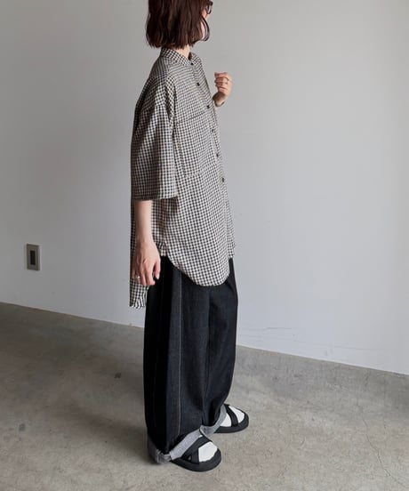 band collar check shirt