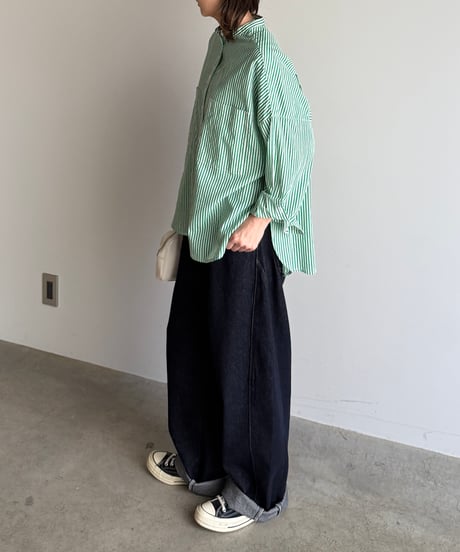 stand collar boyish shirt〈stripe〉