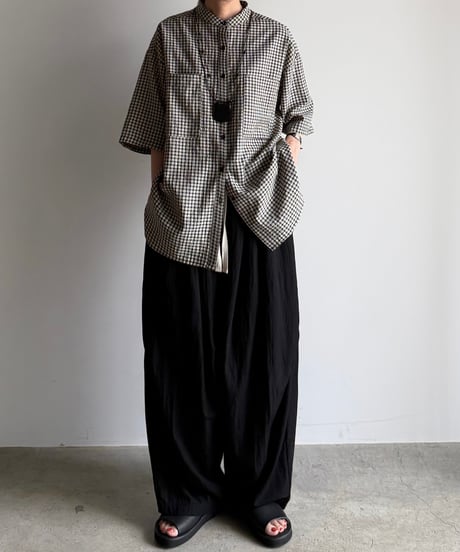 band collar check shirt