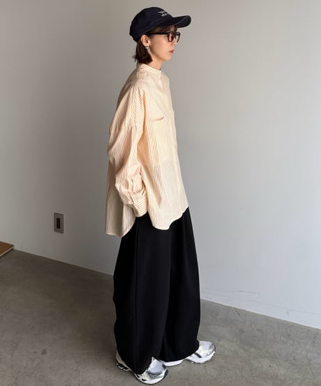 stand collar boyish shirt〈stripe〉