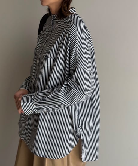 stand collar boyish shirt〈stripe〉