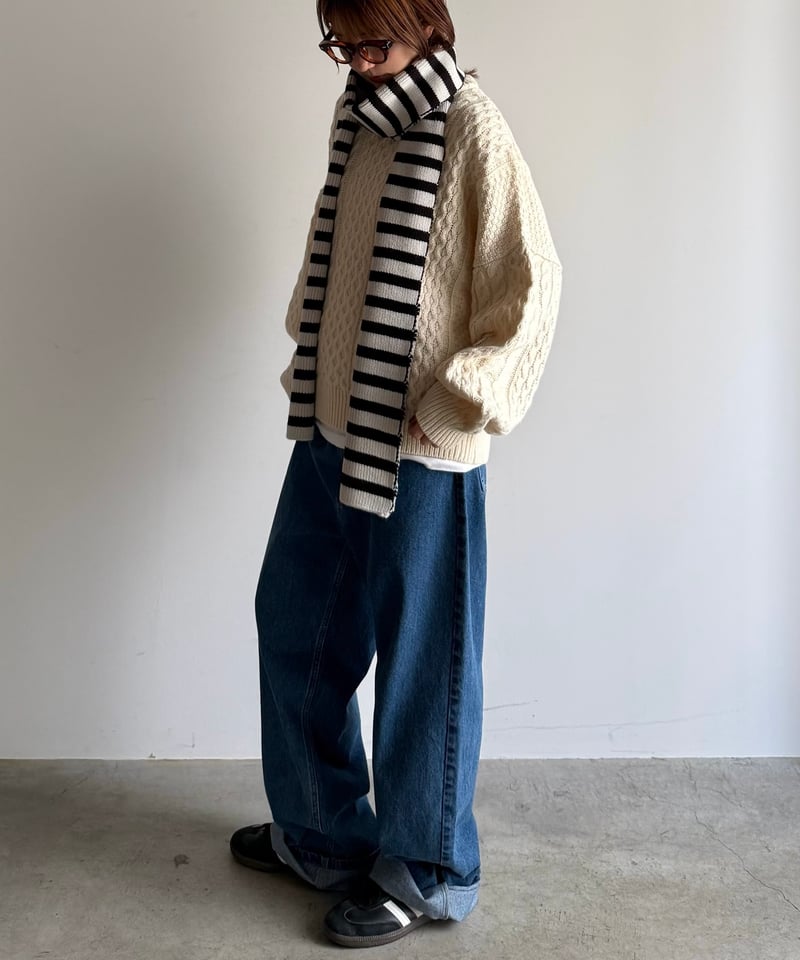 【新品未使用】Border muffler　blue border border long muffler | ARULLE