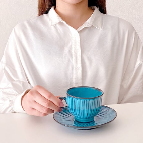 浜陶【波佐見焼】BLUE彫　コーヒーカップ＆ソーサ―