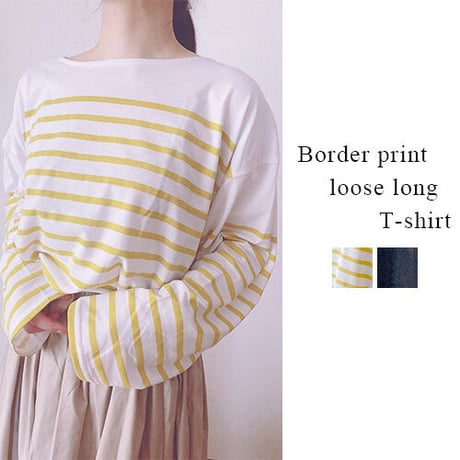 天竺パネルボーダープリント　ルーズロングTシャツ(2カラー)　01-tops-07