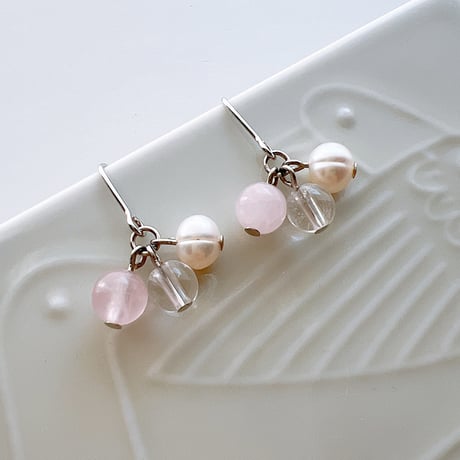 Flow accessories  ローズクォーツ＆クリスタル＆パーシルバーピアス/イヤリング【メール便アイテム】