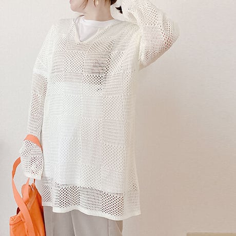 麻タッチ　ブロックネット編み　ニットプルオーバー(3カラー)　01-tops-08
