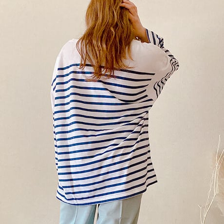 天竺パネルボーダープリント　ルーズロングTシャツ(2カラー)　01-tops-07