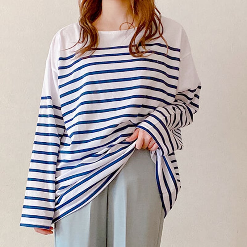 天竺パネルボーダープリント ルーズロングTシャツ(2カラー) 01