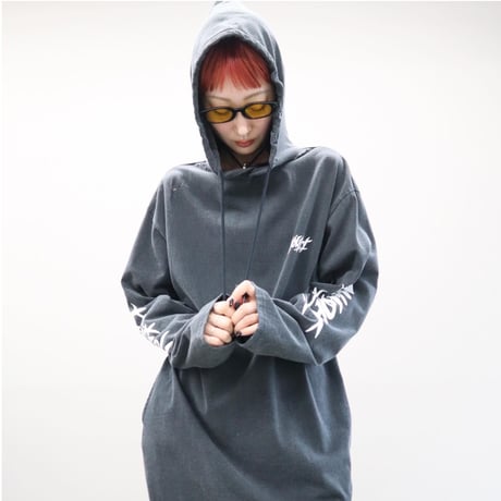SUPER FINE DRY DAMAGE L/S HOODED DRESS (BLK)