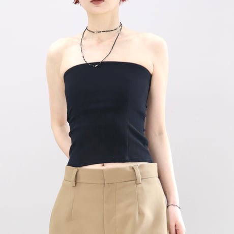 Elastic Rib Paded Bare Top  (BLK)
