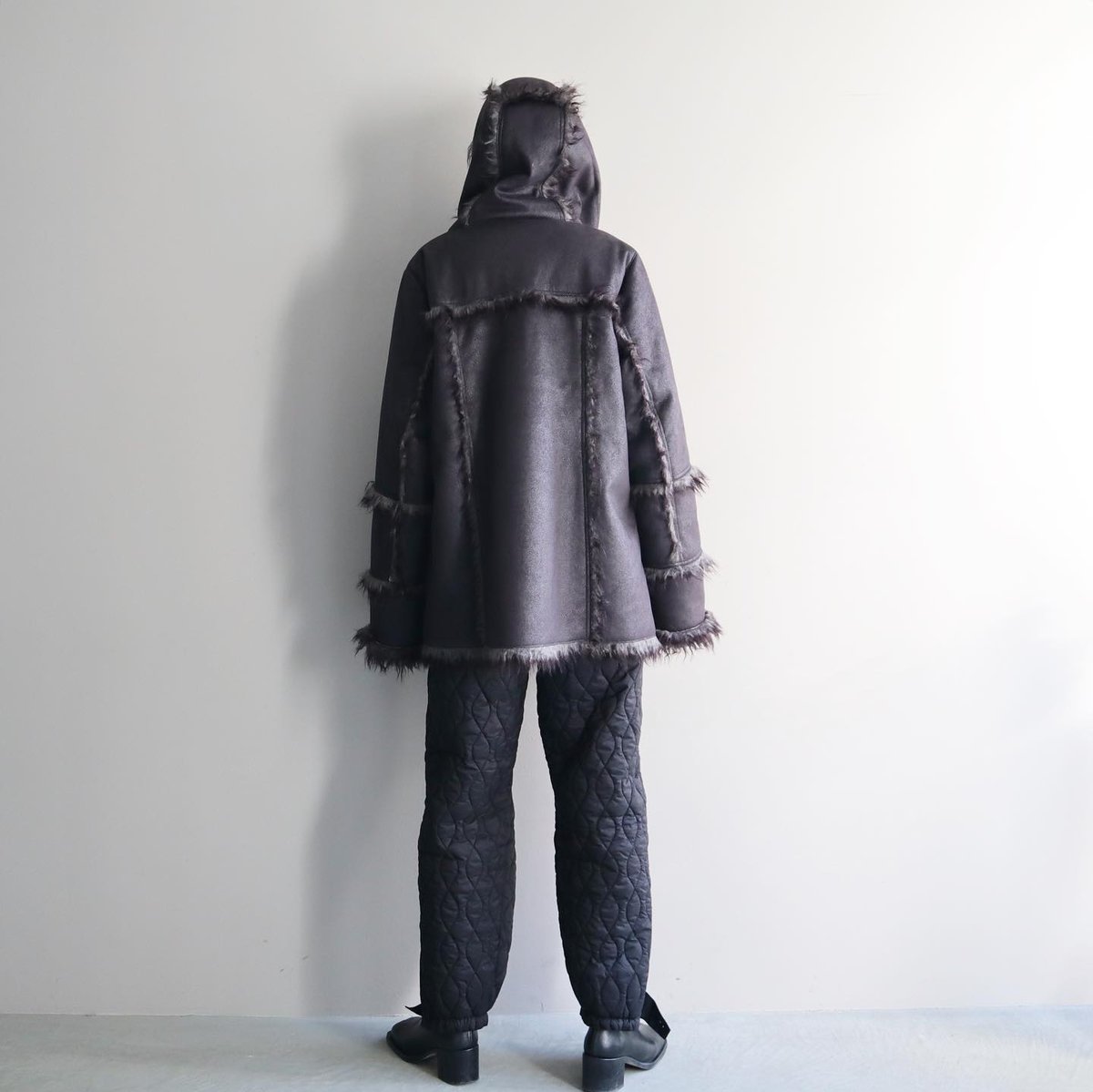 Vegan-Leather Hoodie Teddy Coat ブラック