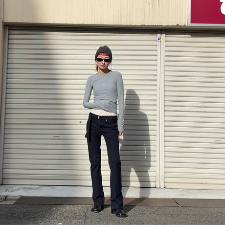 LOW WAIST BELTED SLIM FLARE PANTS（DARK NAVY）