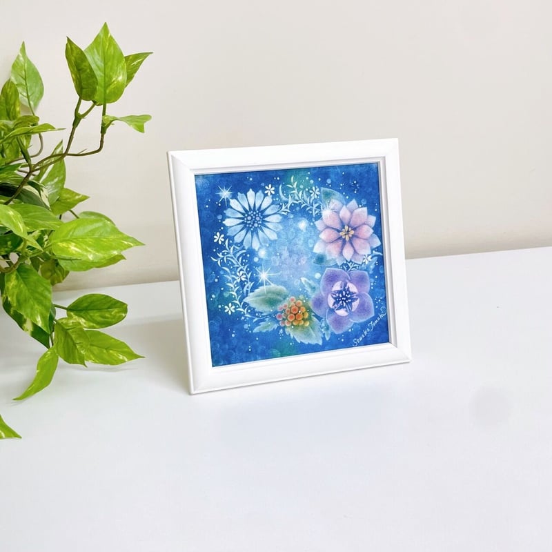 パステルアート│お花のリース・冬_青（原画15×15㎝） | Sowaka's GALLERY