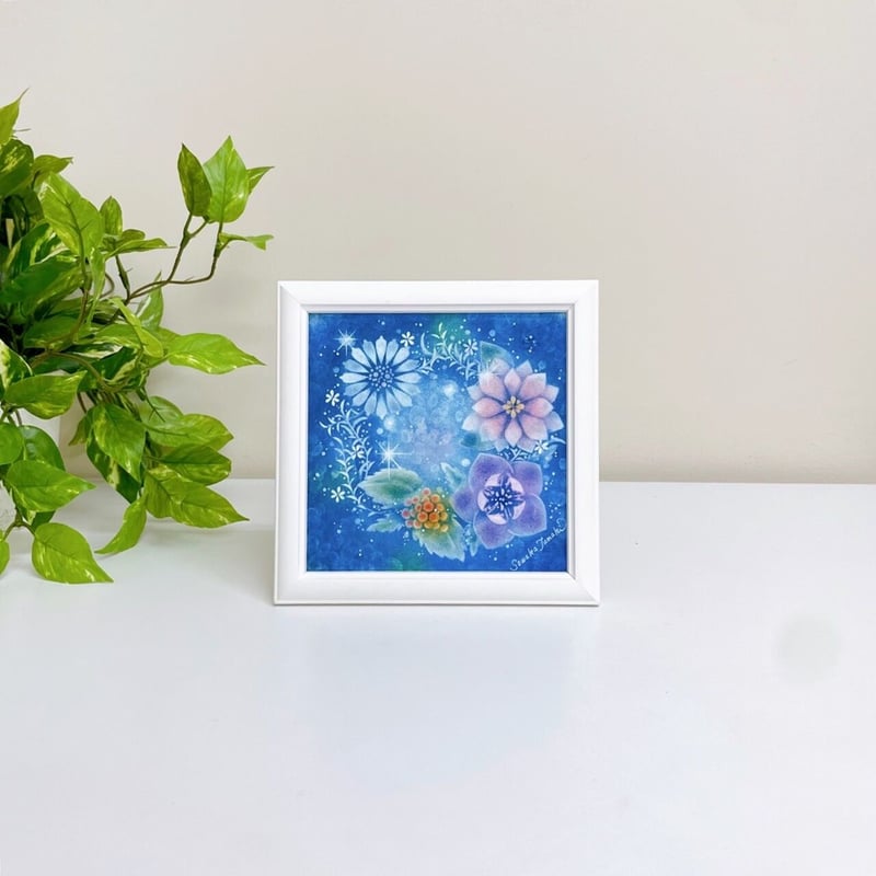 花のパステル画 A4サイズ パステルアート│お花のリース・冬_青（原画15×15㎝） | Sowaka's GALLERY