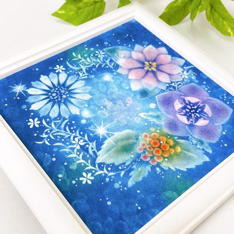パステルアート│お花のリース・冬_青（原画15×15㎝） | Sowaka's GALLERY