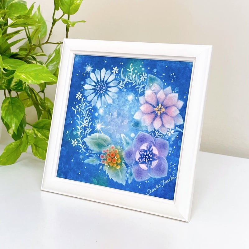 パステルアート│お花のリース・冬_青（原画15×15㎝） | Sowaka's GALLERY