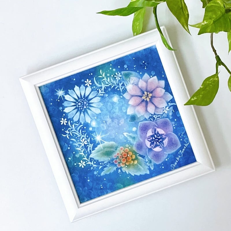 パステルアート│お花のリース・冬_青（原画15×15㎝） | Sowaka's GALLERY