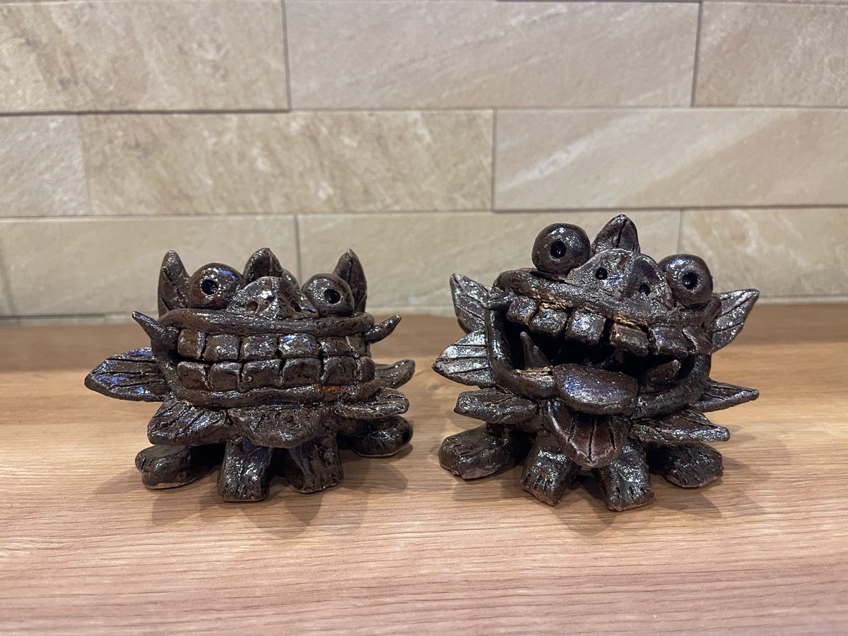 【沖縄シーサー】2体セット　箱付き 沖縄シーサー】2体セット 箱付き 琉球ブルーシーサー プレミアム